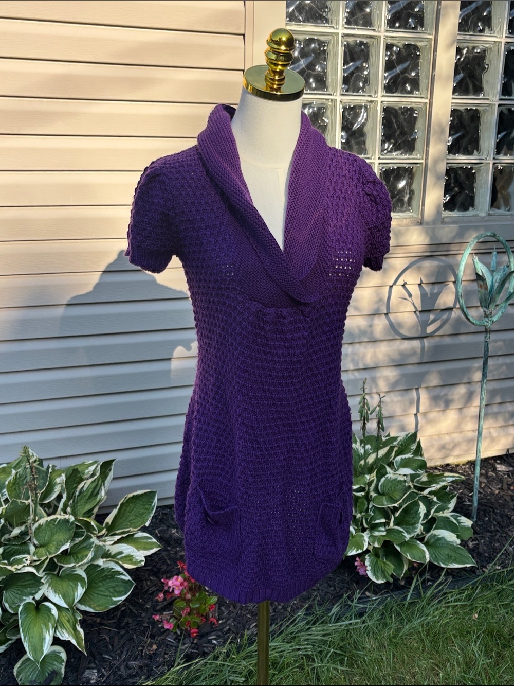 Say What? Purple Short-Sleeve Cowl Neck Knit Midi Dress